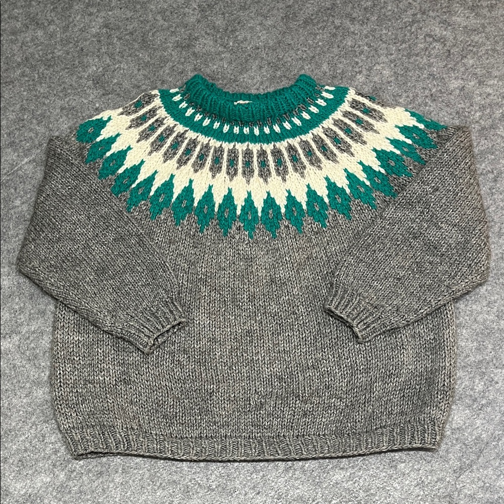 Hand Knit Gray and Teal Patterned Fair Isle Sweater
